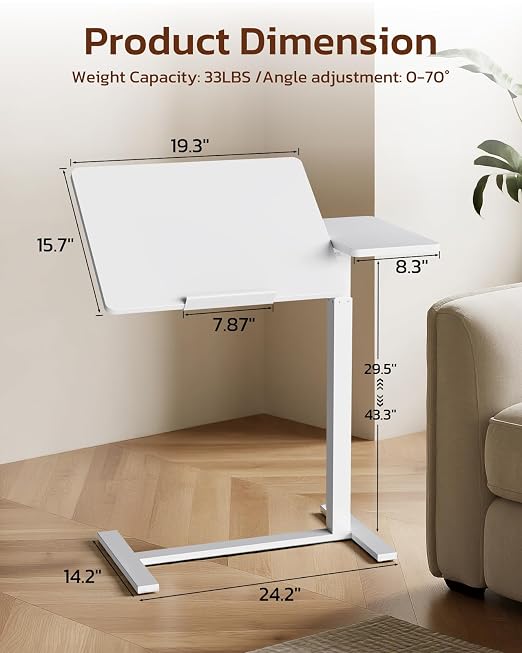 Simple Deluxe Overbed Bedside Table with Hidden Casters, Height Adjustable Desk with Tilting Top, Mobile Rolling Laptop Desk, Standing Rolling Desk Hospital Home Use, White - Image 2