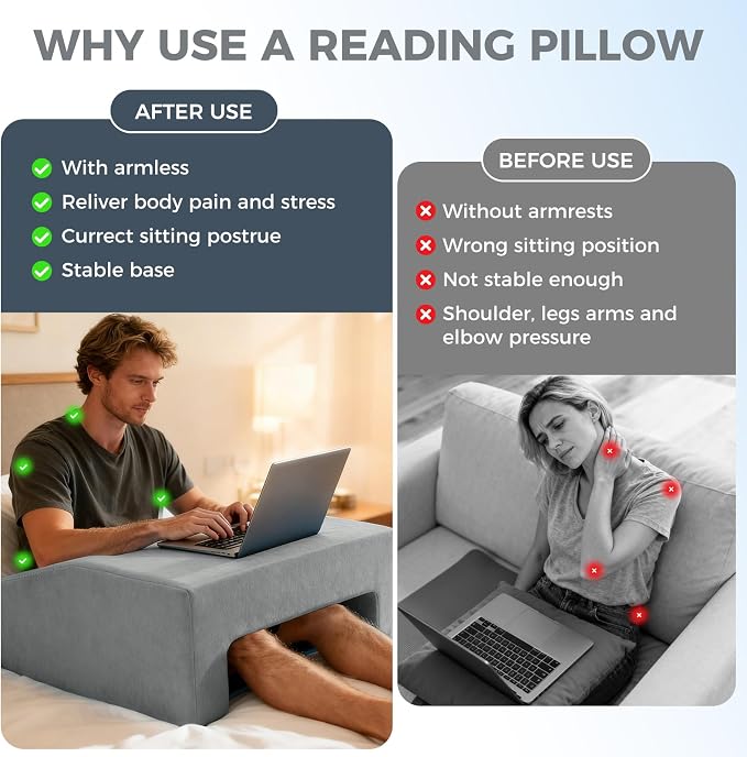 Reading Pillow for Gaming Lap Desk Pillow for Laptop Memory Foam Bed Desk for Reading Working Crocheting Gaming Arm Rest on Bed/Sofa/Floor/Couch/Car(Grey) - Image 5