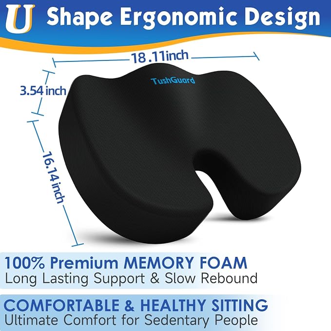 TushGuard Seat Cushion for Office Chair, Car, Memory Foam, Black X-Large | For Back, Coccyx, Sciatica, Tailbone Pain, Ergonomic Design, Non-Slip, Desk Wheelchair Use, Supportive Butt Pillow, For Man - Image 2