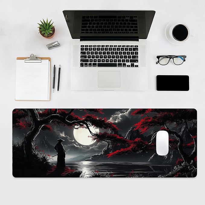 Large Gaming Mouse Pad, Japanese Samurai Desk Mat, XL Extended Big Mousepad with Non-Slip Rubber Base, Keyboard Computer Mat for Gamers, Office &Home, 31.5x11.8in, Red Maple - Image 4
