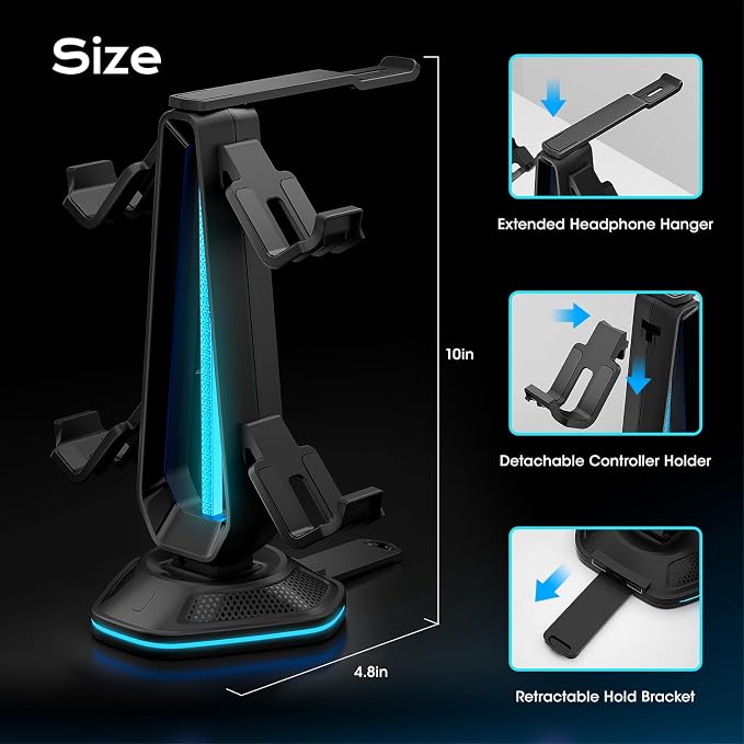 Saitake RGB Controller Holder with 9 Light Modes,Controller Stand with 2 USB Ports,Headset Stand for Desk-Headphone Holder Suitable for Xbox PS4 5 Switch Controllers Gaming Room Deco - Image 2