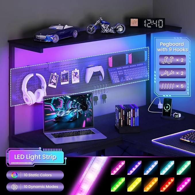 47in L Shaped Gaming Desk with Pegboard & Shelf & Storage Bag, Black | LED Light, Power Outlet, Reversible Gaming Table, Escritorio Gamer, Corner Computer Desk for Small Space Storage, Home Office - Image 4