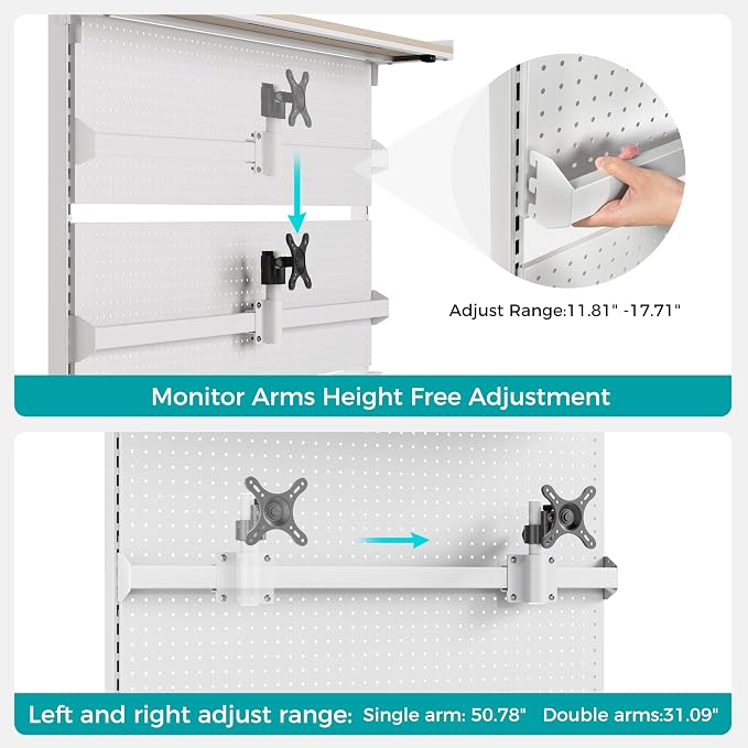 EUREKA ERGONOMIC Desk Pegboard Dual Monitor Stand 59x34 White | Large steel pegboard with dual monitor stands, LED lighting, privacy panel and modular accessories for gaming desks - Image 4