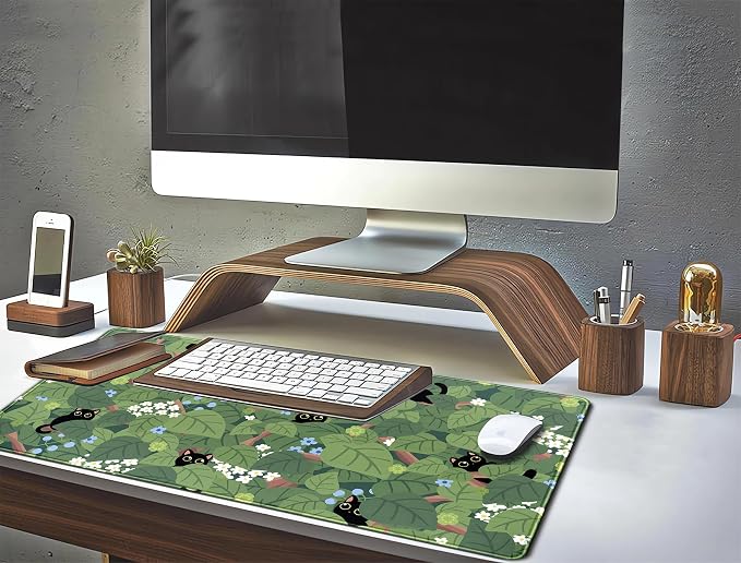 Kawaii Anime Aesthetic Black Cat Forest Plant Desk Mat, Green Sage XXL Large Extended Mouse Pad Gaming Cute Cats Desk pad, Laptop Keyboard and Mouse Mat for Women Desktop Office Decor 31.5x15.7 in - Image 6