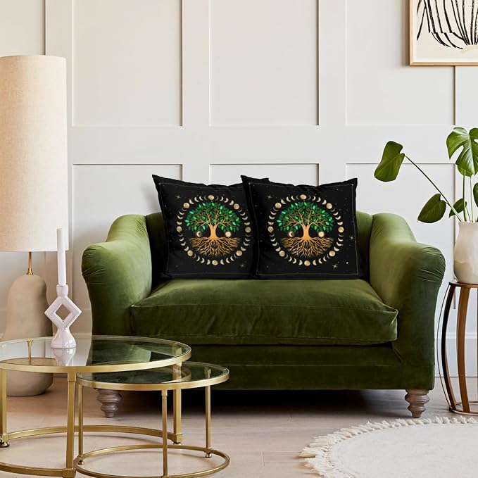 Ancient Tree Life Decorative Throw Pillow Covers Aesthetic Set of 2, Moon Luna Hippie Decor Ourdoor Pillow Cases for Couch Sofa Living Room Bed Chair Decor 18"x18" - Image 3