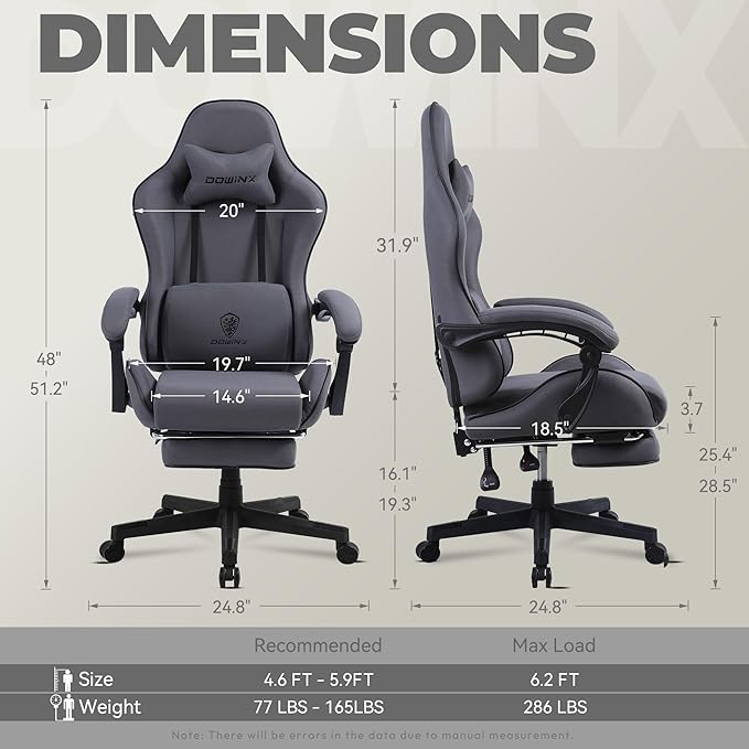 Dowinx Gaming Chair Fabric with Pocket Spring Cushion, Massage Game Chair Cloth with Headrest, Ergonomic Computer Chair with Footrest 290LBS, Grey - Image 3