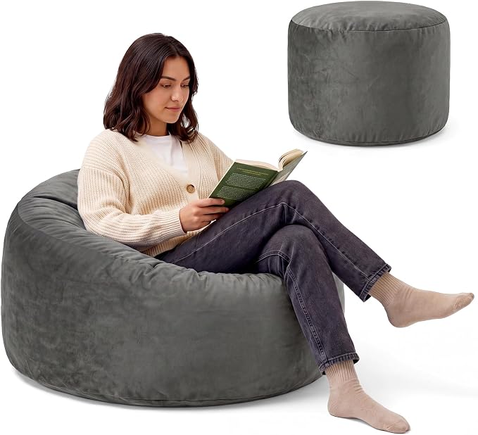 ACH Bean Bag Chair for Adults and Teens - 3ft Memory Foam Floor Chair, Perfect for Dorms, Gaming & Relaxing, Machine Washable Velvet Cover (Grey-Medium) by ACH