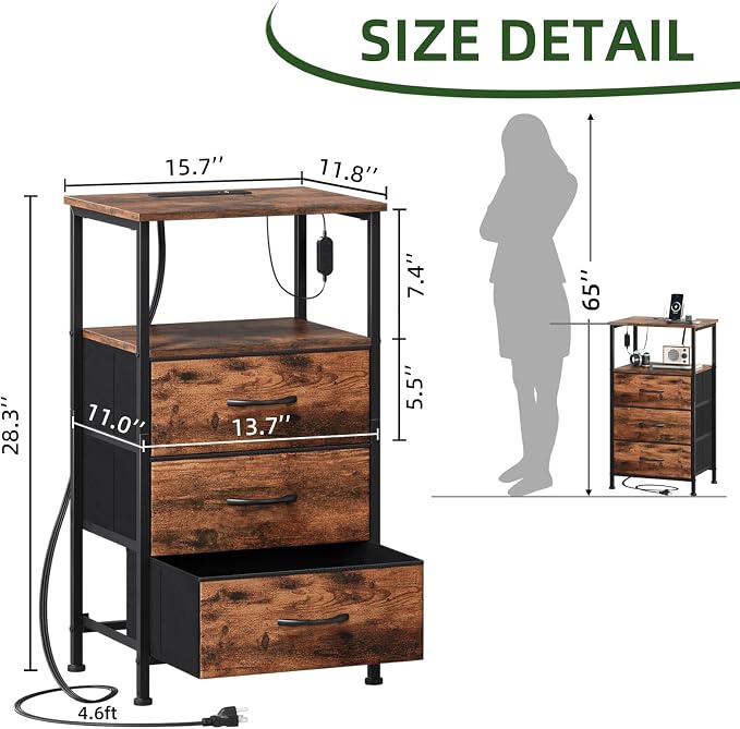 Somdot Tall Nightstand with 3 Drawers, Charging Station & LED Light - Image 3