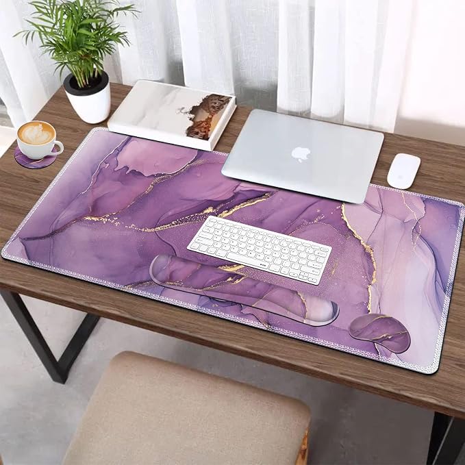 AIMSA Large Gaming Mouse Pad Set, Keyboard Wrist Rest Support Mouse Pad, Ergonomic Memory Foam Multifunctional Extended Desk Mat 35x15.7in Anti-Slip Rubber Base for Office Home, Purple Marble - Image 6