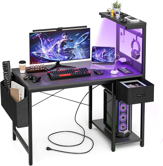 Grandder Gaming Desk 40 Inch with Power Outlet and LED Light, Computer Desk with Reversible Shelves and Storage Drawer, Pc Small Desk for Home Office Table with Bag, Carbon Fiber Black by Grandder