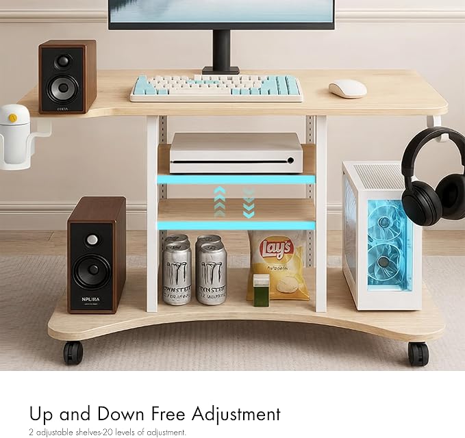 EUREKA ERGONOMIC Gaming Desk Computer, 37" Rolling Desk on Wheels for Small Space, Mobile Computer Cart with Pegboards Adjustable Shelves for Gaming PS Switch, Craft Station, Home Office - Maple - Image 4
