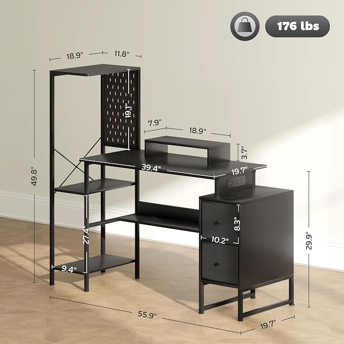 HOMCOM 56" Gaming Desk Monitor Stand Power Outlets LED Lights, Black | Computer Desk, Storage Shelves, Fabric Drawers, 2 CPU Stands, Pegboard, Home Office - Image 3