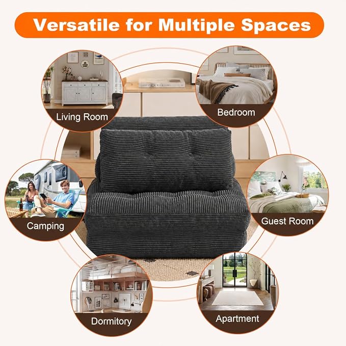 King Oasis Folding Sofa Bed, Corduroy Chair Bed with Pillows | 3-in-1 Fold Out Floor Sofa Couch with Headrest and Lumbar Pillows，for Living Room, Bedroom, Apartment, Dorm,Dark Grey - Image 5