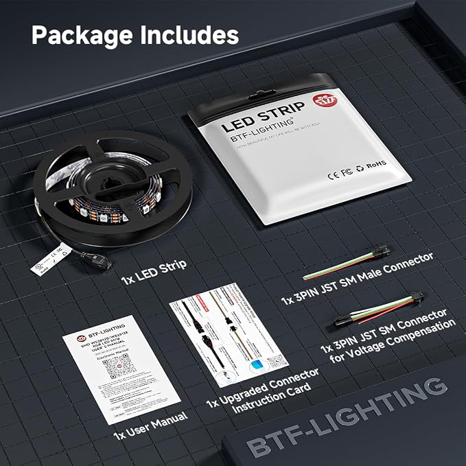 BTF-LIGHTING WS2812B ECO RGB LED Strip,UL Listed,Individually Addressable,3.28FT 60LED/m 60Pixel DC5V 5050SMD,Alloy Wire Flexible 3M Tape for DIY Chasing Color Project IP30(No Adapter or Controller) - Image 9