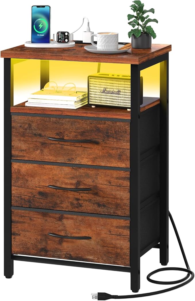 Yoobure Night Stand with Charging Station, LED White Nightstand for Dorm by Yoobure
