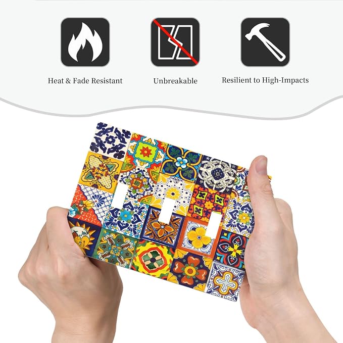 Decorative Light Switch Cover Plate Vintage Traditional Colorful Mexican Talavera Tiles Style 3 Gang Wall Plate Triple Toggle Switch Plate Covers 3 Hole Electrical Switchplate Dimmer Faceplate - Image 6
