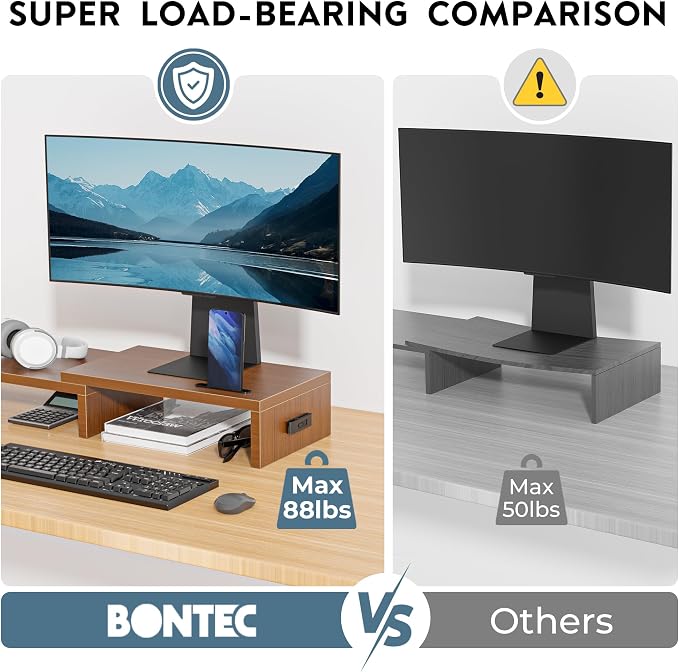 BONTEC Dual Monitor Stand Riser, Adjustable Length & Swivel Angle, Walnut | Ergonomic Wooden Desktop Organizer with Smartphone Holder, Computer Monitor Stand for PC, Laptop,Printer and Large Storage - Image 6