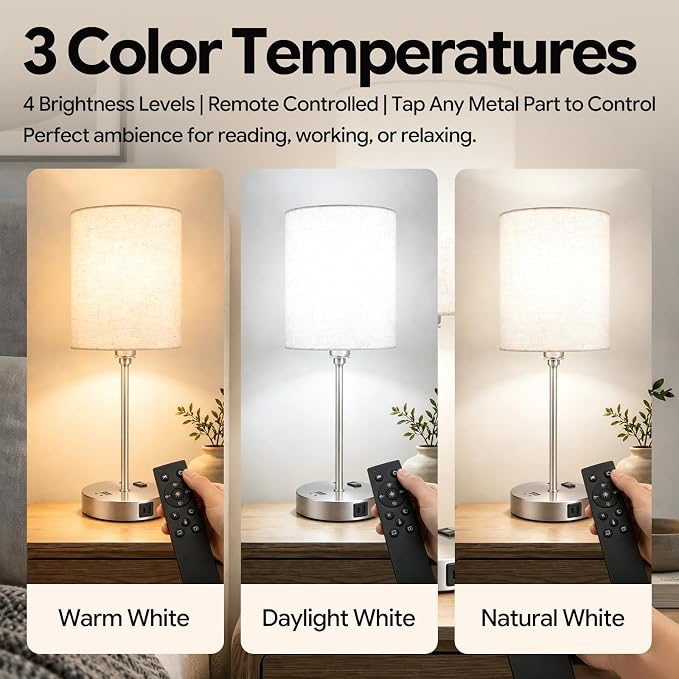 BySea Dimmable Desk Lamp with Clock, Remote, USB Ports, AC Outlet, Nickel - Image 2