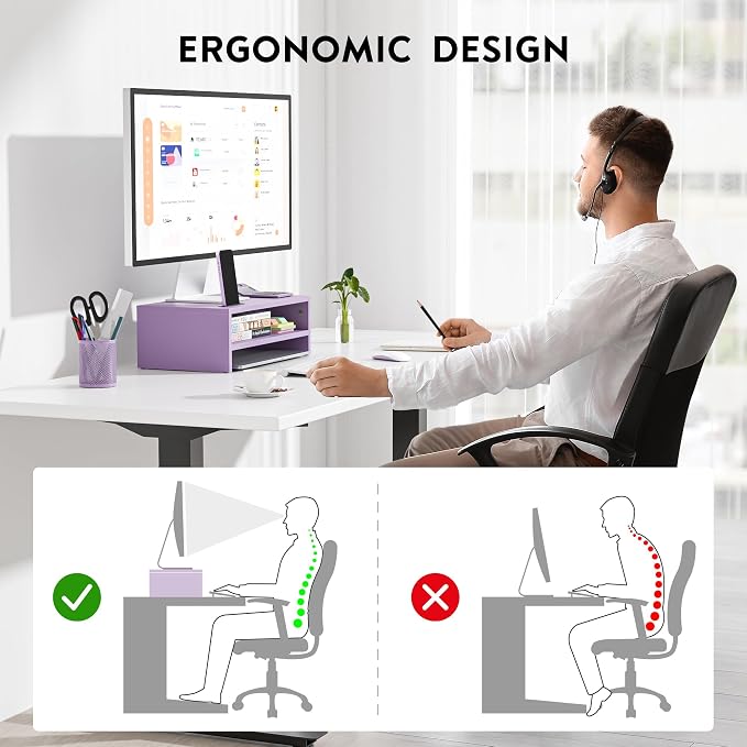 BONTEC Wooden Monitor Stand Riser for Desk, 2-Tier Computer Monitor Stand | 66 lbs Desk Shelf Organizer with Storage, Laptop & Printer Stand with Phone Holder and Cable Management, Purple, 16.5 Inch - Image 3