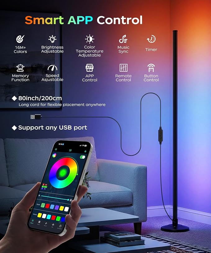 Corner Floor Lamp, Smart RGB LED Corner Lamp with Music Sync and 16M+ DIY Colors, Remote & App Control, Color Changing Ambient Lighting, Floor Lamps for Living Room, Bedroom and Party, 2 Pack - Image 2
