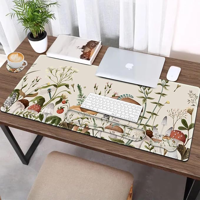AIMSA Large Gaming Mouse Pad Set, Keyboard Wrist Rest Support+ Extended Mousepad+ Mouse Wrist Cushion+Coaster, Ergonomic Multifunctional Desk Mat 35x15.7in, Mushroom Plant Garden - Image 6