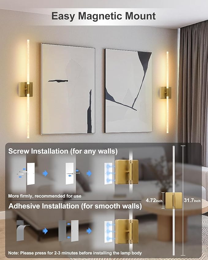 Wall Sconce Set of 2: Gold Rechargeable Wireless Magnetic Install, Crystal - Image 8