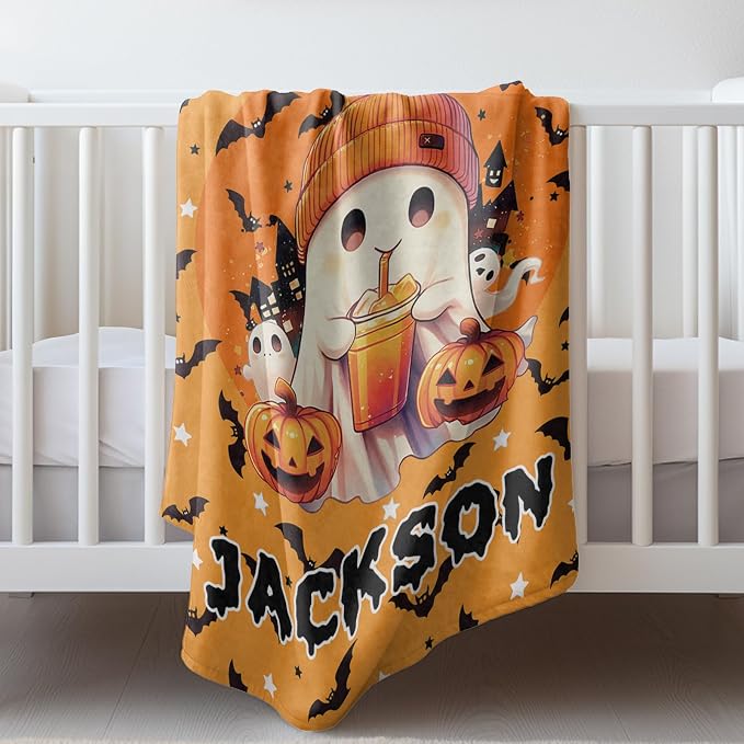 Ship Next Day, Custom Halloween Blanket - Printed in USA, Personalized Baby Blankets with Name, Gift for Kids Boys Girls, Unique Present for Birthday, Christmas, Halloween Bats Toddler Blanket - Image 8