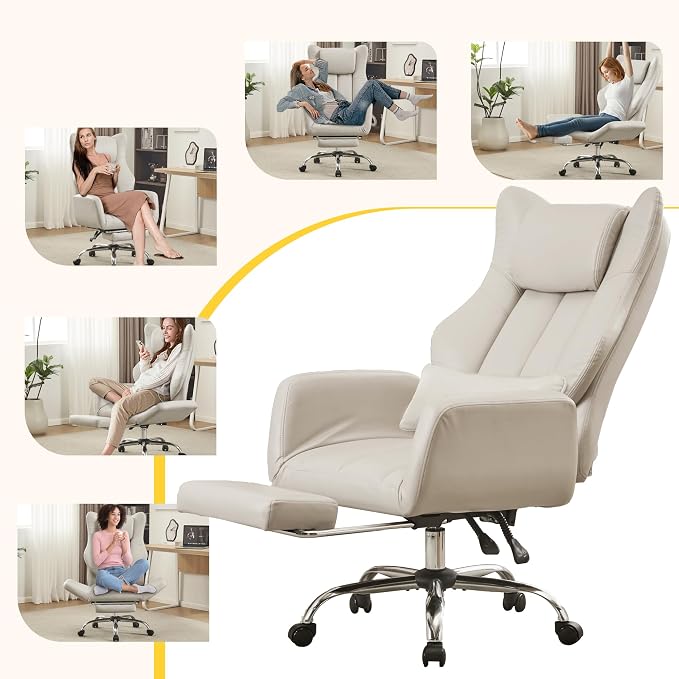 JOMEED Cross Legged Office Chair with Footrest,Flip Armrest,Beige | Big and Tall Executive,Ergonomic Design with Lumbar Pillow, 155° Reclining, PU Leather Wide Desk Chair for Home and Office - Image 7