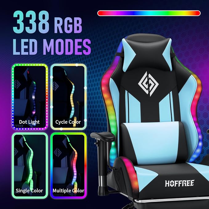 HOFFREE RGB Gaming Chair for Kids LED Computer Chair 155°Recliner-Blue | PC Game Chair with Lights Gamer Chair for Boys Teens 8-15 Video Game Chairs with Footrest and Lumbar Support Racing Style - Image 4