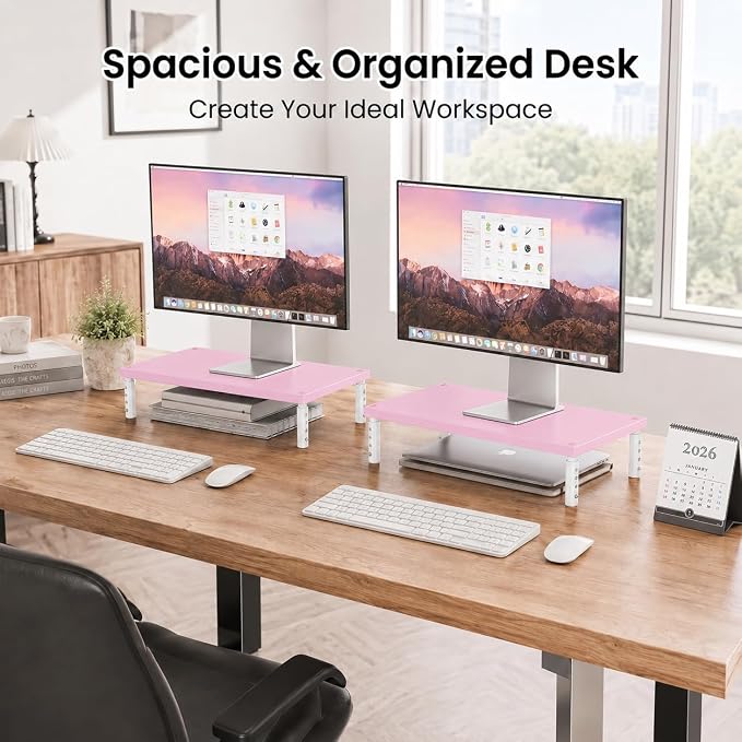 OPNICE Adjustable Monitor Stand Riser for Desk, Wood Computer & Laptop Stand, Desk Organizers and Accessories, Office Desk Accessories & Workspace Organizer for Home Office Supplies, Pink - Image 8