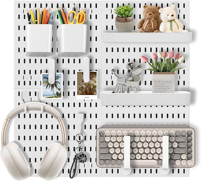 Pegboard Wall Organizer Set – 4 Peg Boards with Hooks & Shelves – Office, Kitchen, Gaming Room Desk Pegboard Storage – Peg Board Wall Display Rack (White) by Skwelom