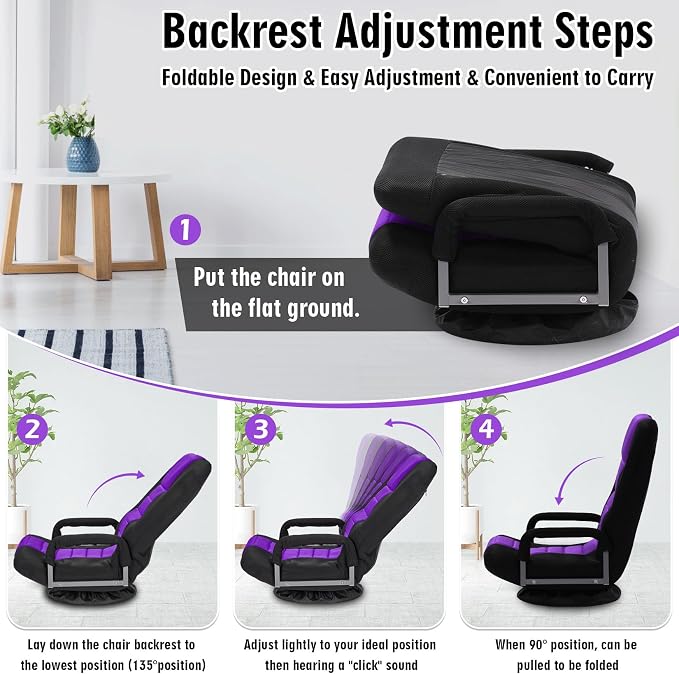 Swivel Floor Gaming Chair w/Armrests,Folding Video Reclining Sofa w/6 Adjustable Position, Padded Backrest & Cushion, Lazy Lounger Couch for E-Sports, Reading, Relaxing, Watching TV, Purple - Image 8