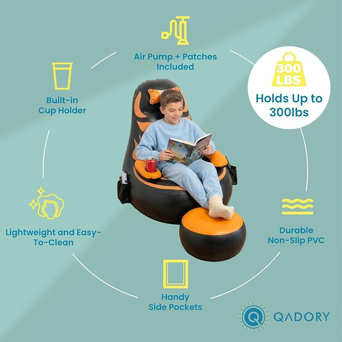 Inflatable Gaming Chair for Kids – Supports Up to 300 lbs, Includes Air Pump, Cup Holder, 2 Pockets – Durable Bean Bag Seat, Comfy Kids Gaming Chair & Top Gamer Chairs for Kid Room - Image 4