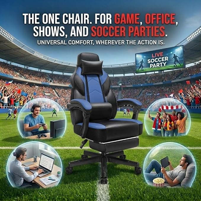 Video Game Chair for Adults, Gaming Chair with Footrest, Big and Tall Computer Chair with Massage Lumbar Support 330lbs Weight Capacity, Adjustable Height, 360° Swivel Seat and Headrest (Blue) - Image 4