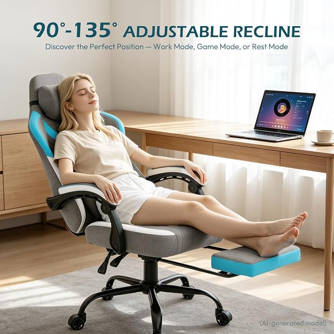 Ergonomic Gaming Chair for Adults - Comfortable Office Computer Chair with 20.5” Wide Seat, Adjustable Video Game Chair with Footrest and Lumbar Support for Home Office, Grey Blue - Image 4