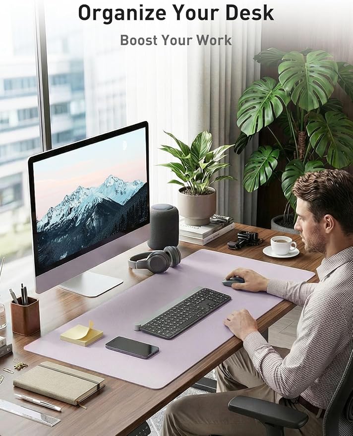 Aothia Faux Leather Desk Mat - Non-Slip PU Leather Desk Blotter, Waterproof Writing Surface, Large Desk Pad for Office & Home (Soft Lavender, 55" x 24") - Image 3