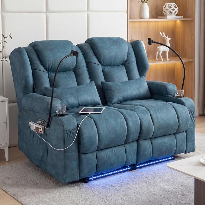 Redlife Power Loveseat Recliner Sofa with Blue LED Base Lights - Image 2