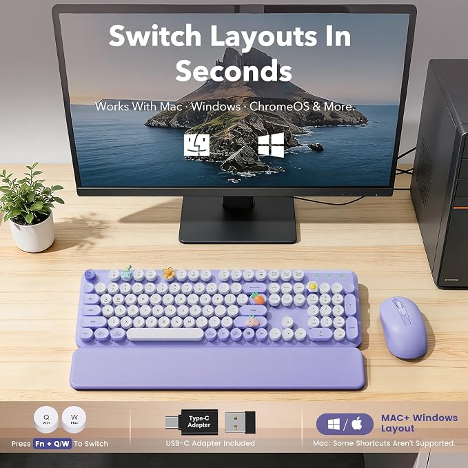 Wireless Keyboard and Mouse, Round Keycaps, Magnetic Wrist Rest, Purple - Image 9