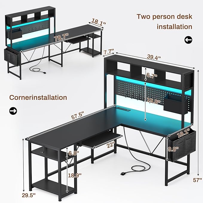 SEDETA L Shaped Gaming Desk with Hutch, 57.5” Reversible Corner Computer Desk with Storage Shelves, Gaming Desk with Pegboard, LED Lights, Power Outlet, Keyboard Tray and Storage Bag, Black - Image 3