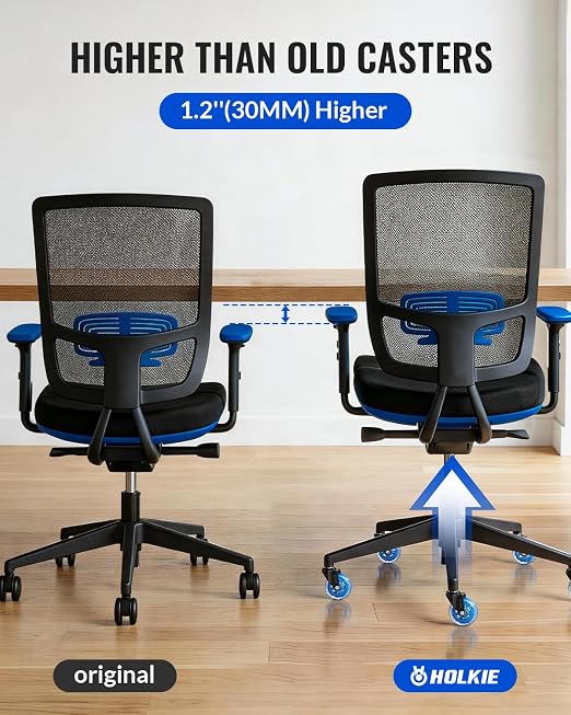 HOLKIE Gaming Chair Wheels Blue Roller Blade Rubber Caster 3 Inch Set of 5 for Carpet Hardwood Floors - Image 4