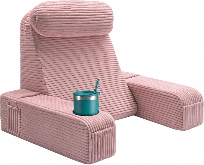 Reading Pillow for Adults, Back Pillow for Bed Sitting Up, Backrest Pillow for Sitting in Bed, Detachable Arms with Built-in Cup & Phone Caddy (Dusty Pink-Corduroy, 21 INCH) by ASAWESLING