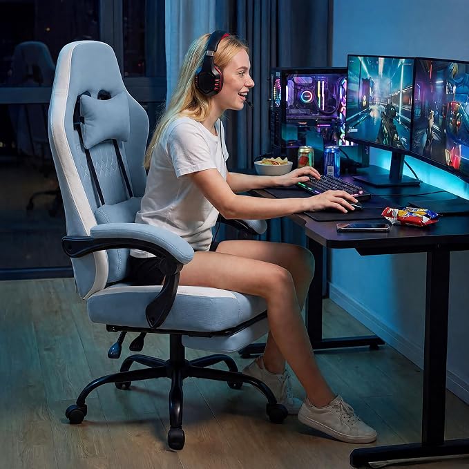 Sweetcrispy Video Game Chair, Ergonomic Computer Desk Chair, Lumbar Support | Footrest, Height Adjustable, Linkage Armrests, Headrest, Swivel Wheels, Blue - Image 10