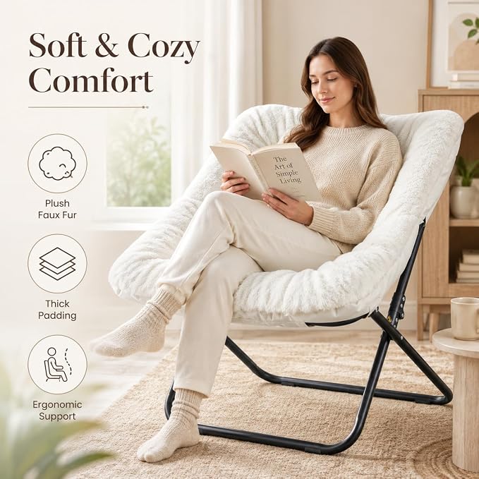 Simple Deluxe Oversized Square Moon Chair for Adults, Soft Faux Fur Folding Lounge Chair with Sturdy Steel Frame, Comfortable Reading Gaming Chair for Living Room, Bedroom, White - Image 7