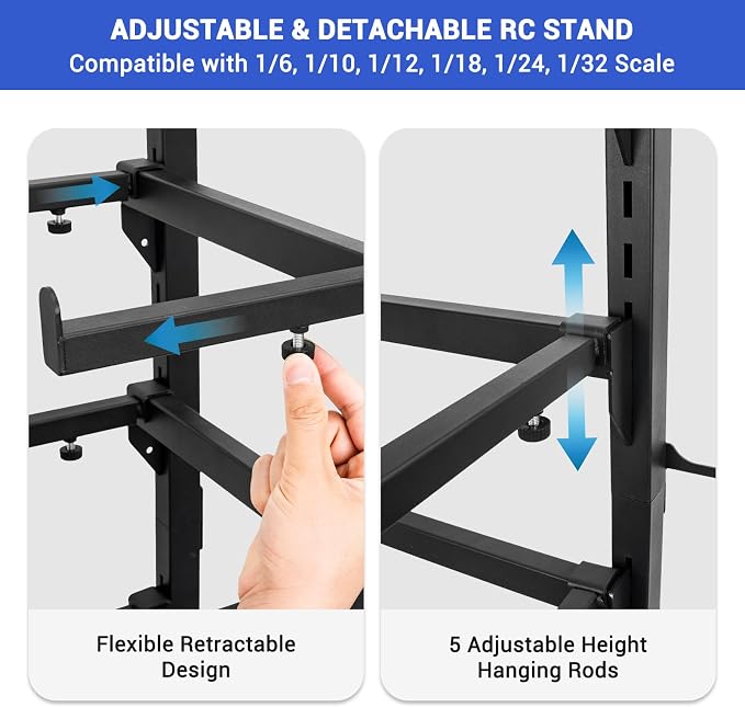 Rc Car Stand Display 5 Tier Metal Storage Rack Shelf Compatible With 1/6 1/10 1/12 1/18 1/24 Scale Crawler Trucks Accessories Multi Layer Model Workstation Organizer Includes 2 Remote Controller Hooks - Image 4