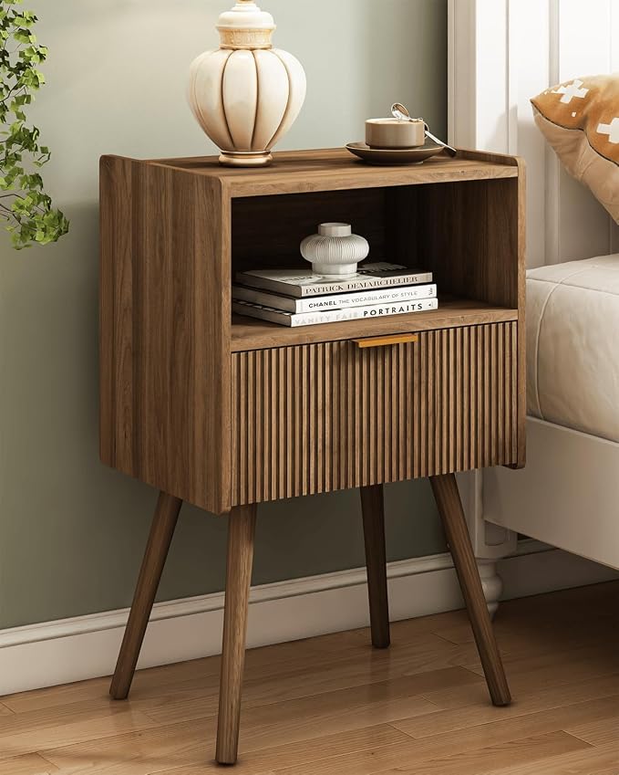 JOONEE Nightstand,Modern Bedside Table with Storage Drawer and Open Wood Shelf, for Living Room, Bedroom and Small Spaces, Accent Night Stand with Solid Wood Legs, Easy Assembly,Walnut Brown by JOONEE