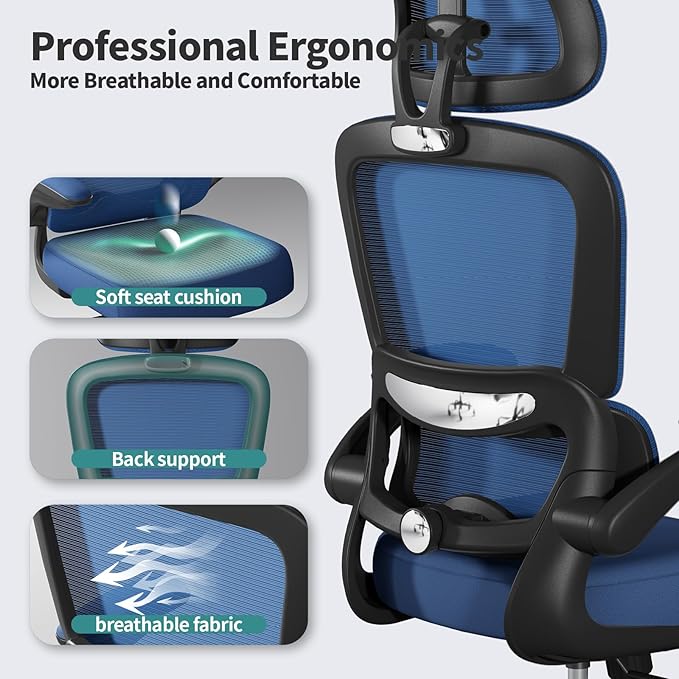 TRALT Office Chair Ergonomic Desk Chair - Gaming Chair with Lumbar Support | 330 LBS Home Office Desk Chairs with Headrest, Reading Chair with Flip-up Armrests, Comfortable Computer Chairs (1, Blue) - Image 3