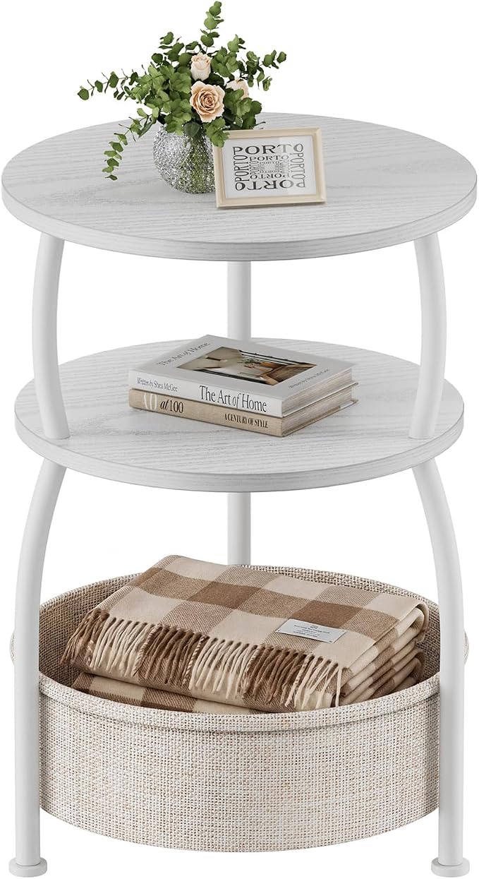 Round Side Table with Storage Basket, End Table Living Room, 15.7in by designyourhome