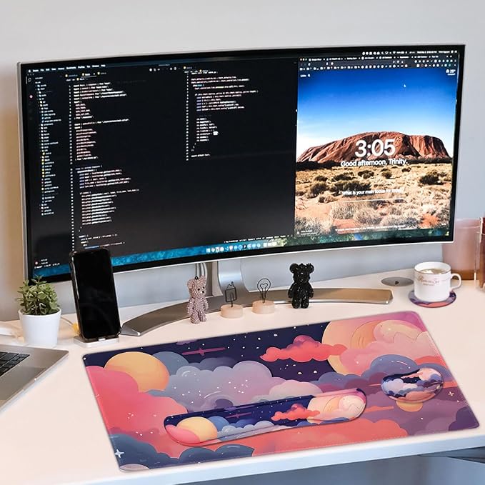 Large Mouse Pad Set, Cute Extended Mouse Pad+Keyboard Wrist Rest Support Desk Pad Memory Foam Ergonomic Easy Typing, 35.4×15.7 in Desk Mat Set for Home Office Study Game - Cloud - Image 5