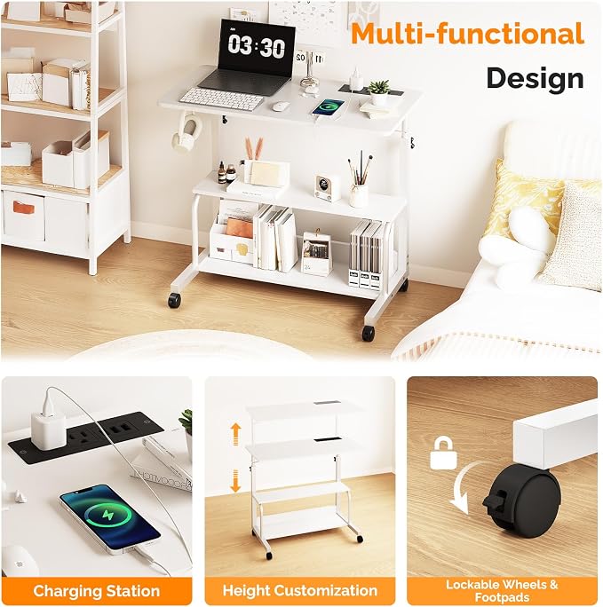 FCH 31.5" Mobile Small Standing Desk, Adjustable Height Mobile Computer Desk, w/2 AC Outlets + 3 USB Ports & Hooks, Storage Shelves, Suitable for Gaming, Studying, Home Office, White - Image 4