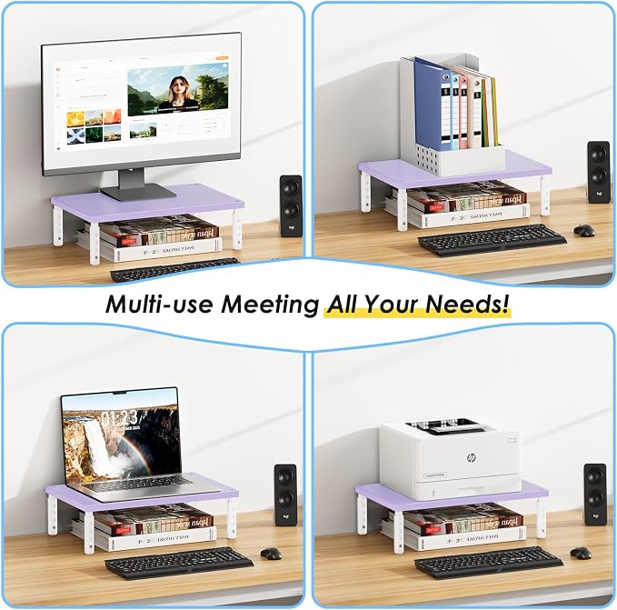 ECOLOVI Adjustable Wood Computer Monitor Stand Riser, Office Desk Organizer and Accessories for Monitor, Laptop, PC, Printer, Office Desk Accessories Workspace Organizer for Home Office Supplies, Purple - Image 5